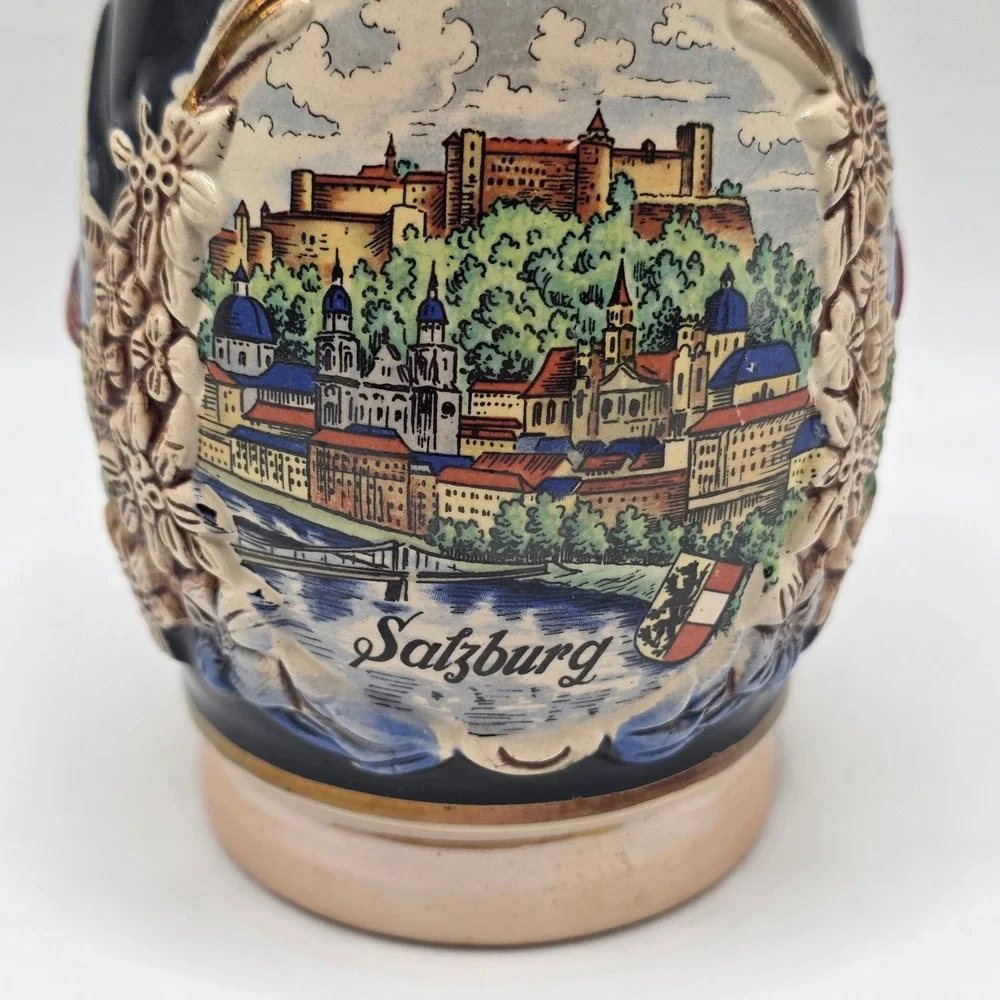 Salzburg Austria Beer Stein Lidded Pewter Cobalt Blue Relief Edelweiss Alps Mug